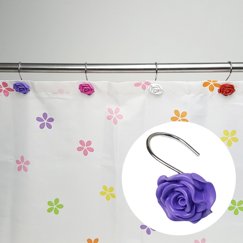 Popvcly 12pcs Shower Curtain Track Hooks,Romantic Rose Hooks for Bathroom Decoration,Resin Flower Hooks Hangers, Size: 1.4 x 1.5, Purple